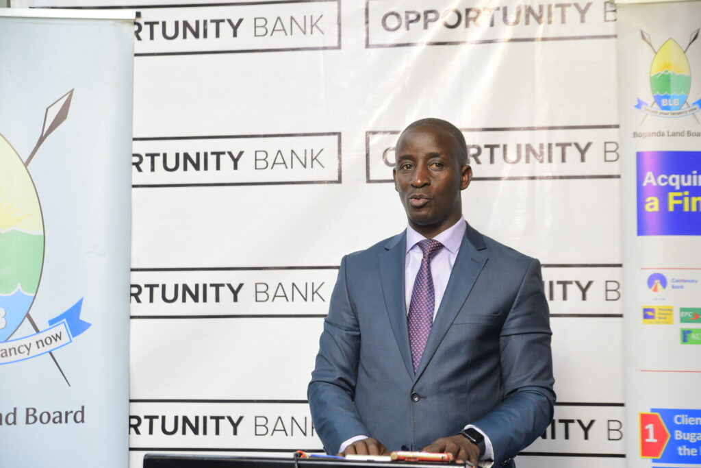 Omuk. Simon Kabogoza, the CEO of BLB speaking at the MOU signing function.